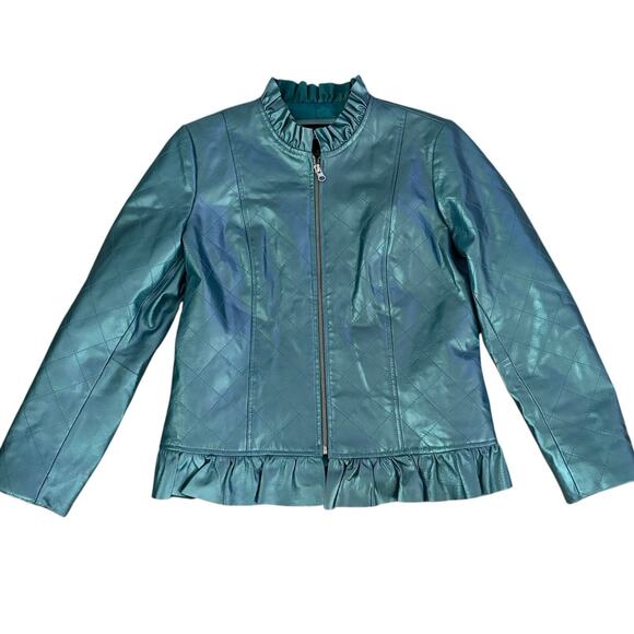 Metrostyle Size 6 Leather Jacket Coat Blue Ruffled Neck Waist Zip Front Diamond